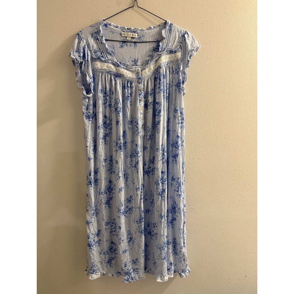 Eileen West Floral Nightgown Blue White Lace Ruffle Button Front L